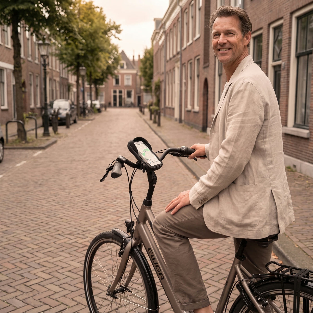 Fietser met telefoon zichtbaar in de houder tijdens het rijden