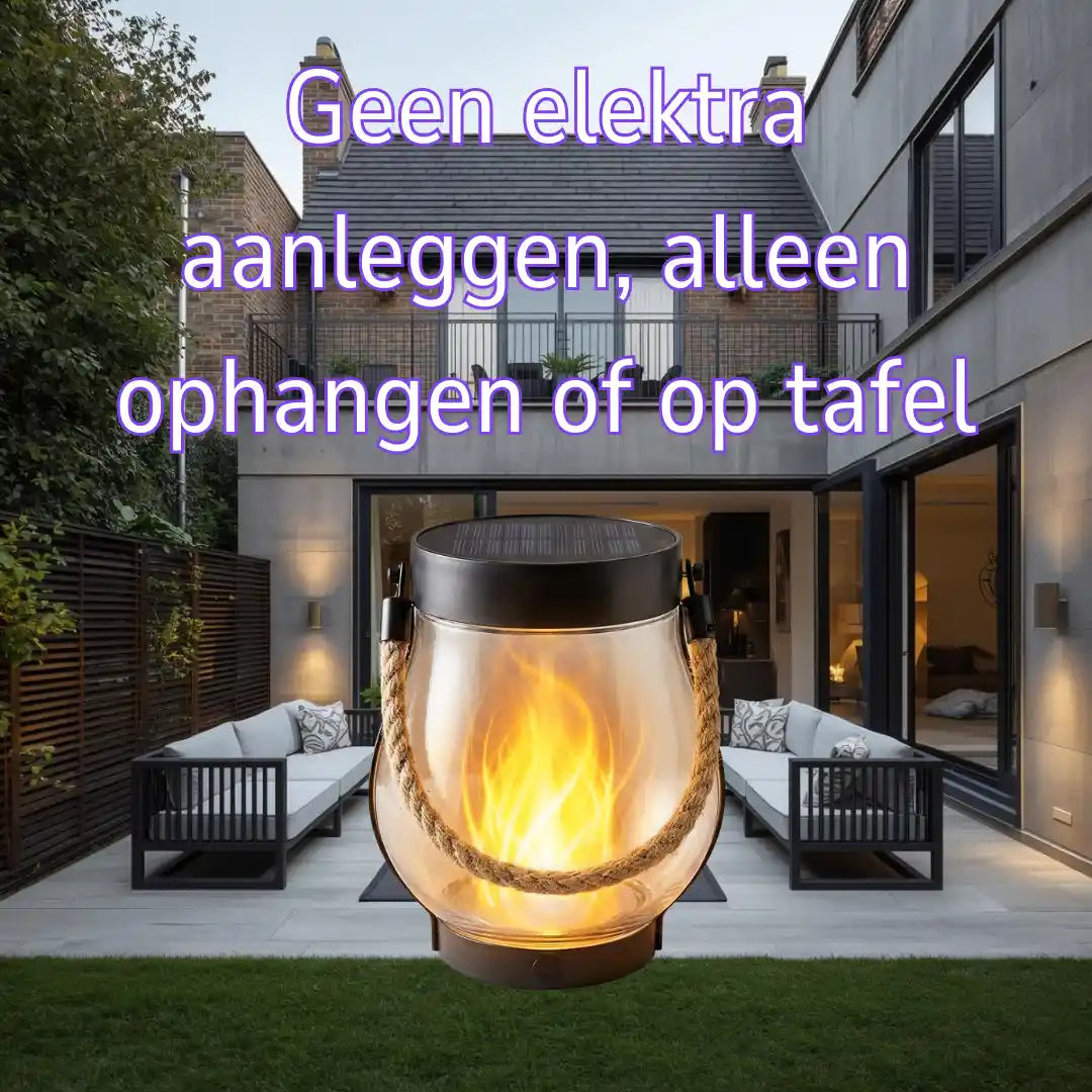 EveningFlame – Solar Lantaarn met Vlameffect voor Tuin, Balkon & Camping