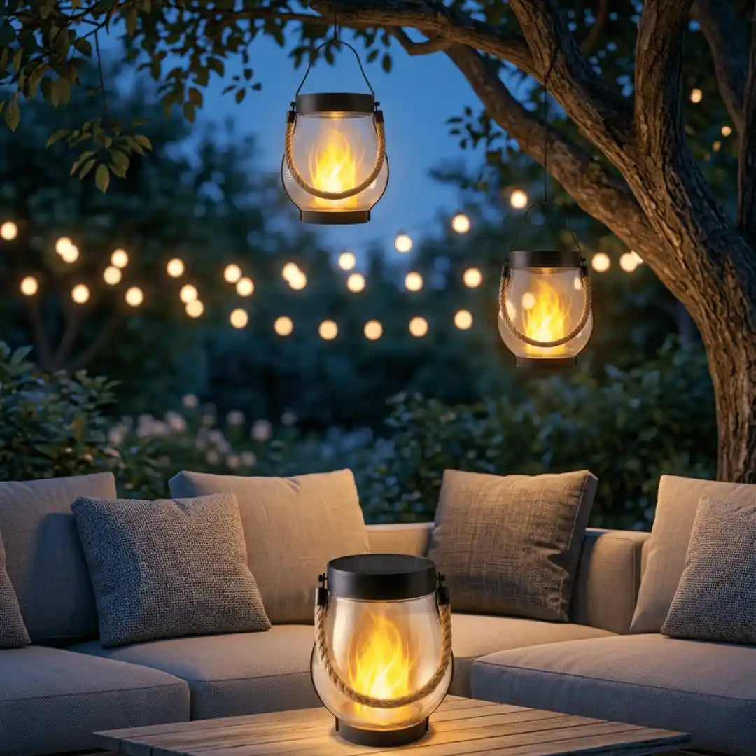 EveningFlame – Solar Lantaarn met Vlameffect voor Tuin, Balkon & Camping