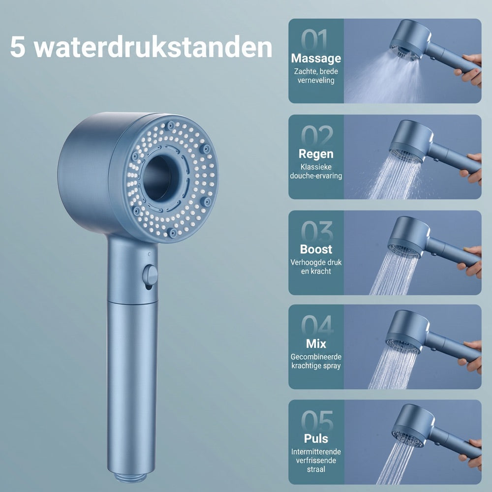 5 waterdrukstanden: massage, regen, boost, mix en puls