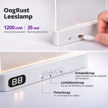 Oogrust Leeslamp bediening en batterij - 1200 mAh, tot 35 uur, knoppen voor helderheid, lichtkleur en timer