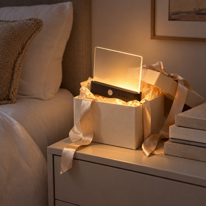 Oogrust Leeslamp als cadeau in een geschenkdoos op het nachtkastje
