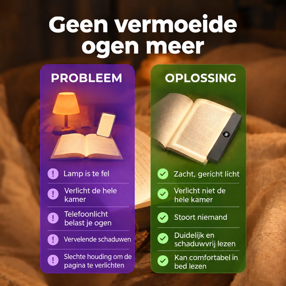 Probleem en oplossing: fel lamp- en telefoonlicht versus zacht, gericht licht van de Oogrust Leeslamp