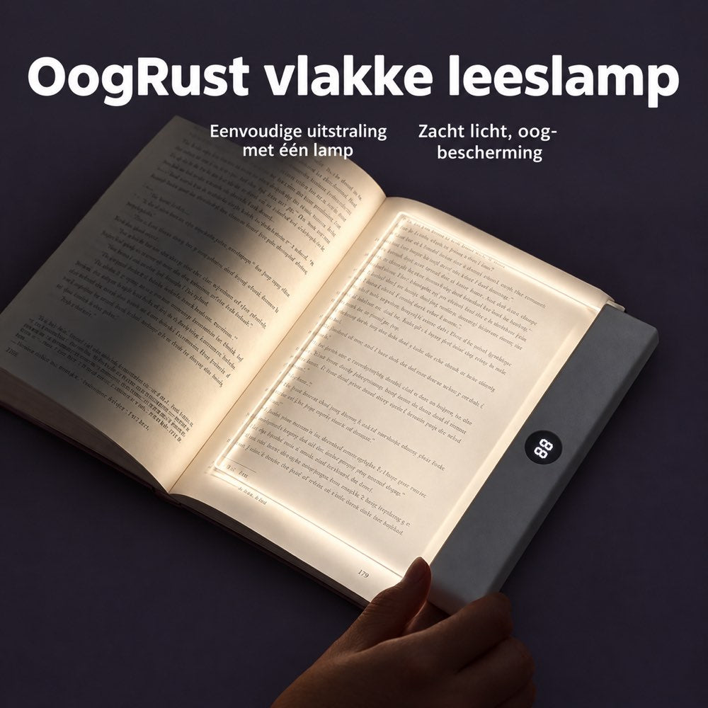 Oogrust Leeslamp plat op een opengeslagen boek - zacht licht direct op de bladzijde